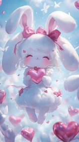 Aerial heart-bunny character in soft volumetric lighting field.