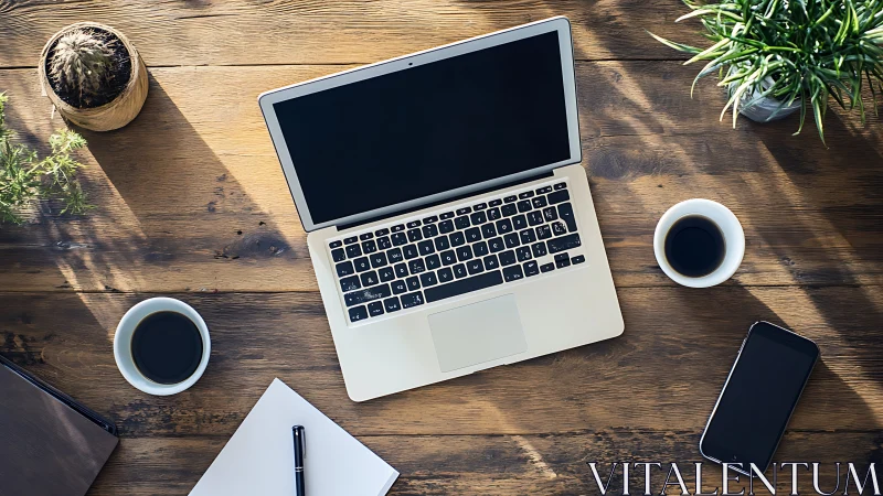 Minimal laptop workspace rests on rustic wooden desk