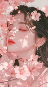 Serene woman among soft pink blossoms embraces spring light