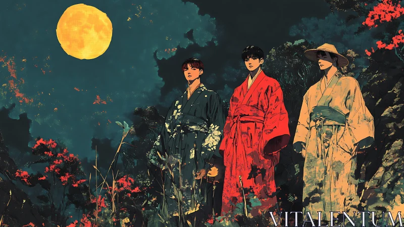 Three robed figures stand under full moon in stylized landscape