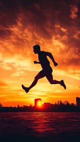Runner silhouette leaping across vivid urban sunset sky.