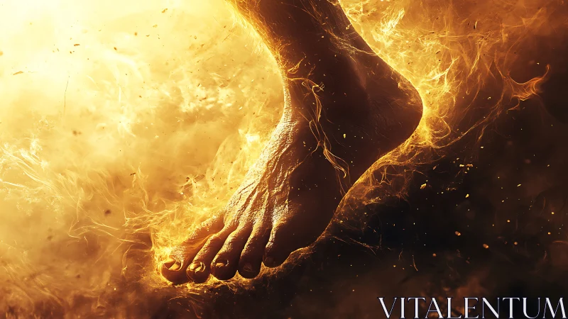 Human silhouette engulfed in intense golden flames and fire