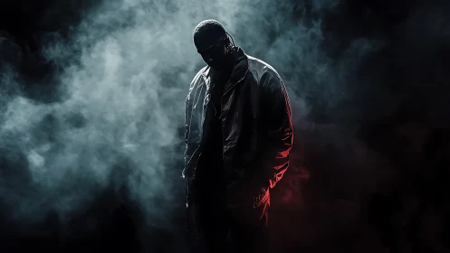 Backlit hooded figure in dense atmospheric smoke with red rim light