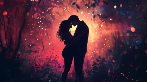 Silhouetted couple kissing amid glowing particles and warm light.