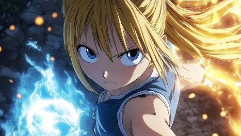 Fierce anime heroine wielding twin elemental powers.