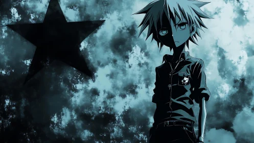 Moody anime boy in monochrome storm cloud backdrop.