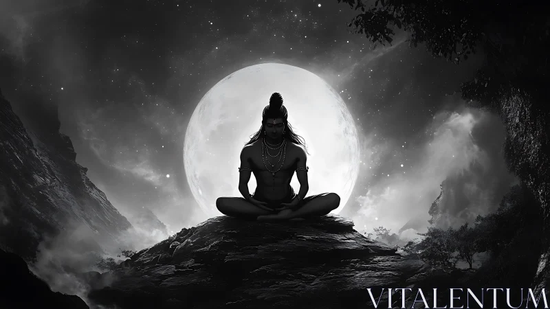 Lunar-backlit ascetic silhouette in meditative mountain topology.