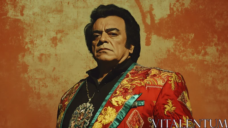 Regal portrait in ornate red brocade jacket against ochre wall.