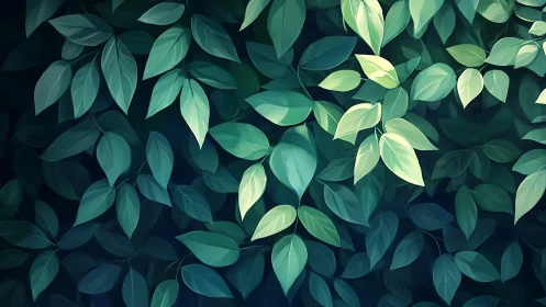 Lush overlapping leaves in cool teal and emerald light.