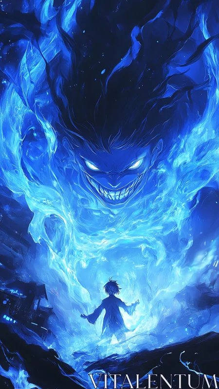 Midnight pyromancer summoning a grinning blue inferno spirit.