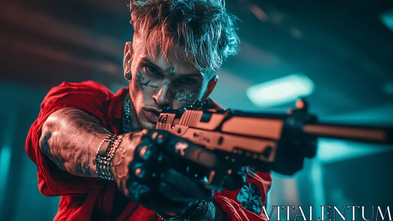 Edgy cyberpunk rebel levels a futuristic rifle with focus