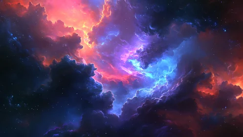 Cosmic nebula clouds ignite vivid blue and crimson light.