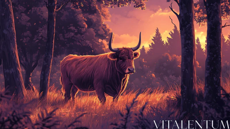 Highland cattle standing in backlit forest clearing at dusk.