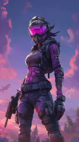 Armored recon operative in magenta visor under volumetric dusk sky