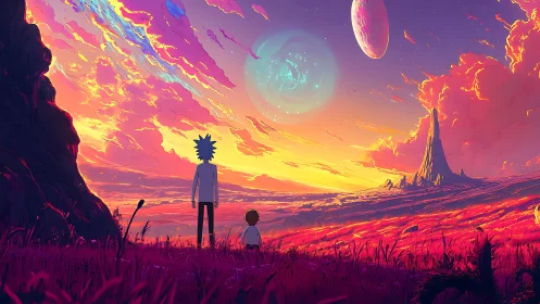 Two figures watch alien sky over vivid red field.