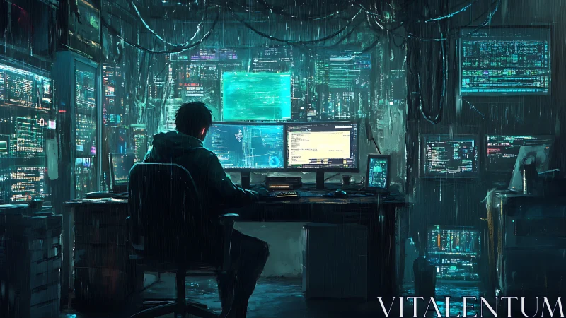 Solitary hacker codes in neon-lit cyberpunk command nexus