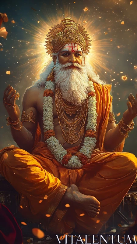 Radiant seated deity in golden aura with floating petals.