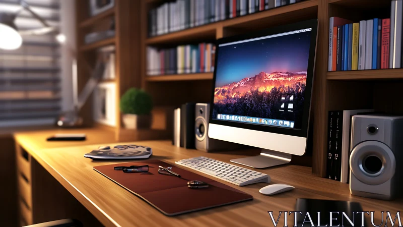 Modern wooden workspace with widescreen desktop monitor and speakers.