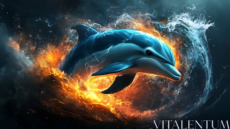 Elemental dolphin emerging through fiery ocean vortex.