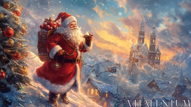 Santa on snowy ridge overlooking illuminated winter village