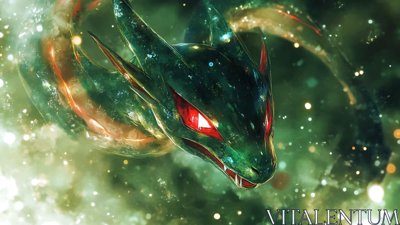 Emerald serpent dragon lunges through glowing cosmic mist