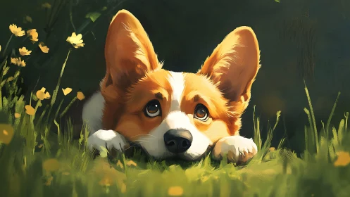 Digital corgi portrait resting in grass with yellow flowers.