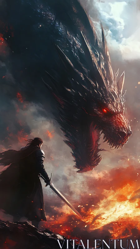 Armored warrior confronts colossal dragon in infernal sky