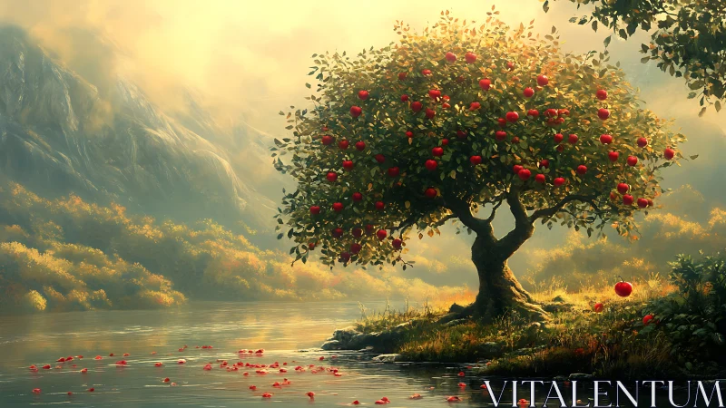 Luminous apple tree glows beside misted mountain lake.