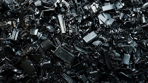 Shiny black metal scrap field under hard industrial lighting.