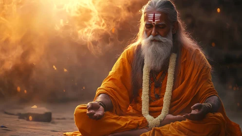 Serene sage in golden meditation beneath glowing light.