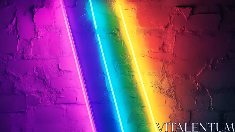 Neon rainbow beams sliding across a bruised brick wall.