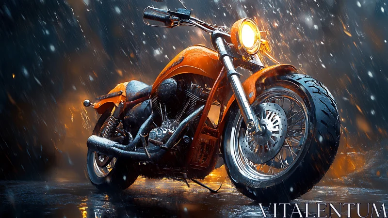 Stormlit orange cruiser growls through rain and molten reflections