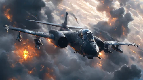 Military attack jet cuts through burning storm clouds.