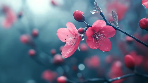 Pink Blossoms Glistening With Morning Dew.