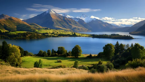 Snowcapped alpine peaks over vivid lakeside pastures at noon.