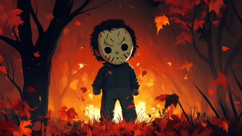 Cute masked wanderer in a fiery autumn forest glow.