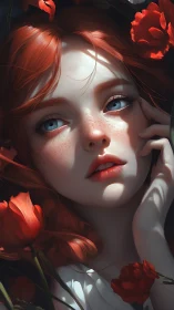 Red haired girl framed by scarlet flowers, luminous skin