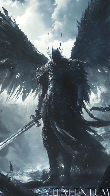 Dark winged knight pauses calmly on a stormlit battlefield