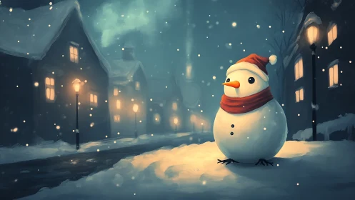 Nocturnal snowman under lamplight in winter village street.