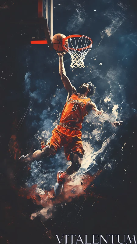 Sky-slicing slam dunker frozen in a storm of color.