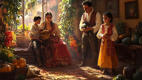 Sunlit family harvest shares warm rustic courtyard moment