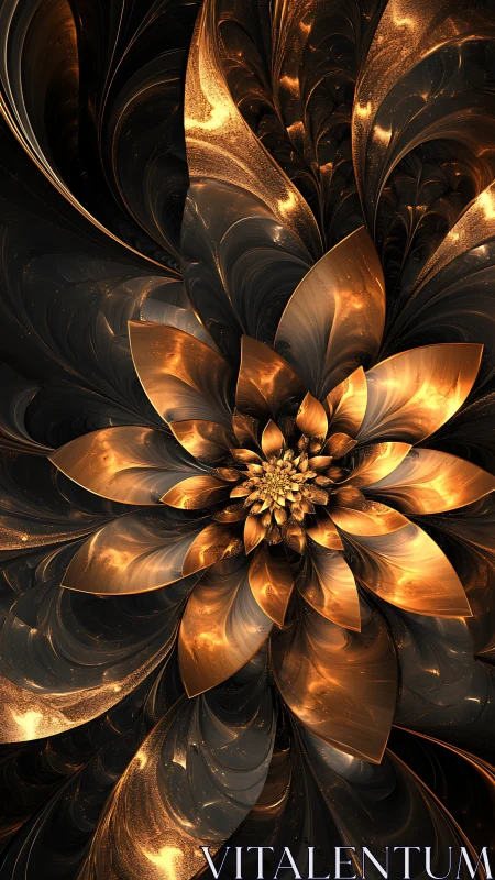 Molten midnight blossom unfolding in radiant copper light.