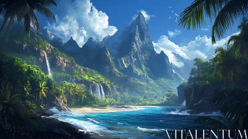 Tropical Island Paradise with Dramatic Mountain Peaks and Waterfall