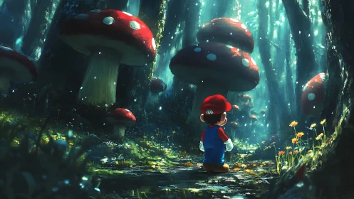 Plumber silhouette explores luminous giant mushroom forest.