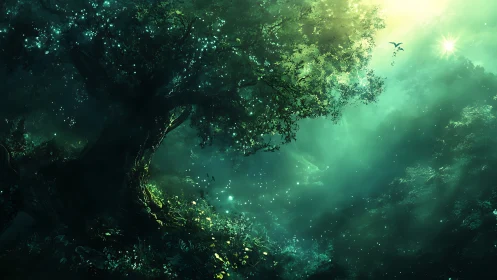 Ancient bioluminescent tree anchors a luminous forest vista