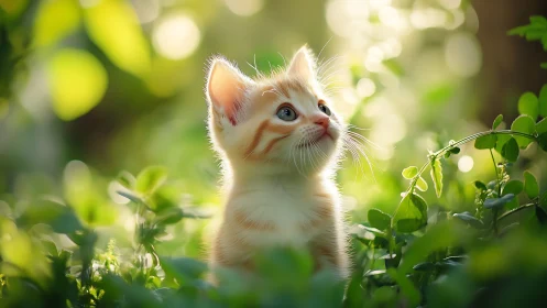 Young Ginger Kitten Exploring Sunlit Garden.