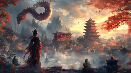 Warrior observes soaring dragon above misty autumn temple valley