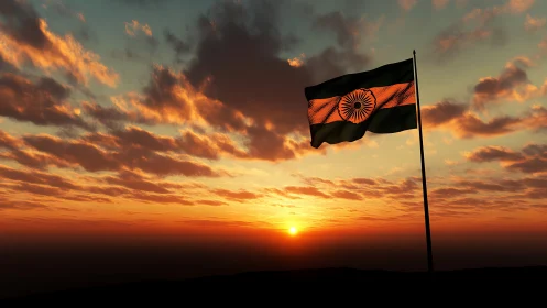 Indian flag silhouetted against high-dynamic-range sunset sky