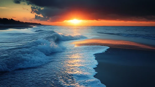 Coastal surfline under dramatic golden hour sunset glow.