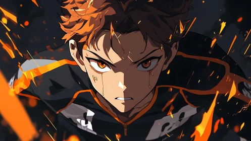 Intense anime athlete rendered with dynamic lighting and ember particles